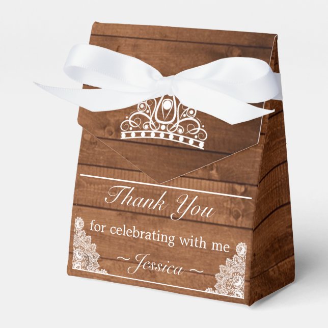 Rustic Wood & White Lace Birthday Tiara Favour Box (Front Side)