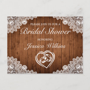 Rustic Wood & White Lace Bridal Shower Announcement Postcard