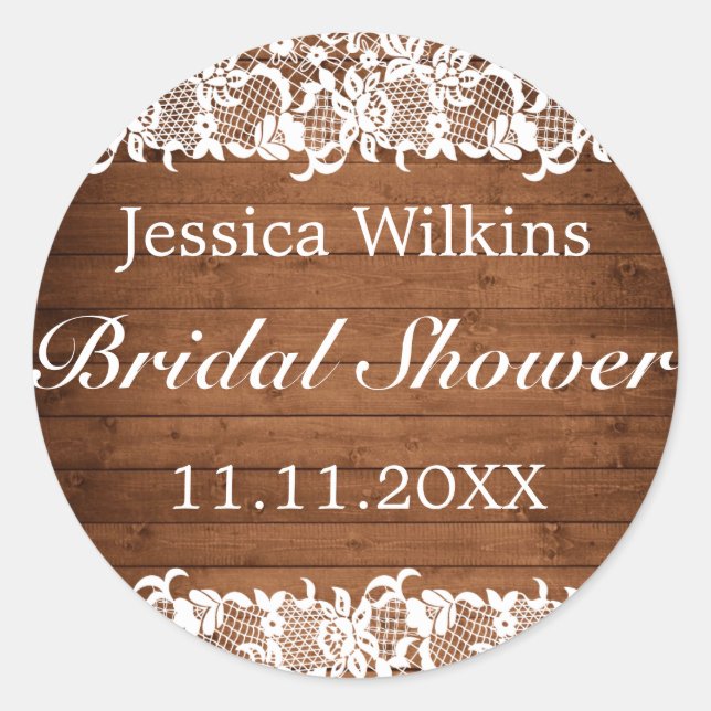 Rustic Wood & White Lace Bridal Shower Classic Round Sticker (Front)