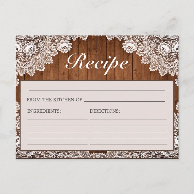 Rustic Wood & White Lace Bridal Shower Recipe Card (Front)
