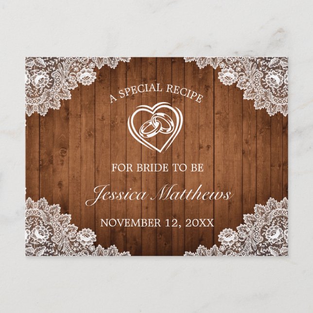 Rustic Wood & White Lace Bridal Shower Recipe Card (Front)