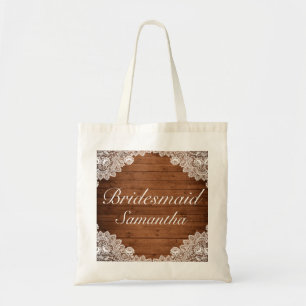 Rustic Wood & White Lace Bridesmaid Wedding Tote Bag
