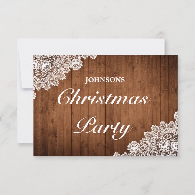 Rustic Wood & White Lace Christmas Party RSVP Card (Front)