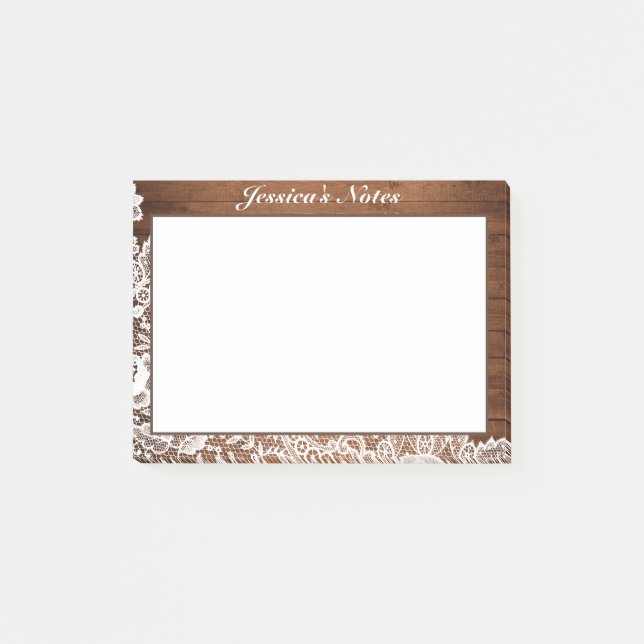 Rustic Wood & White Lace Custom Post-it Notes (Front)
