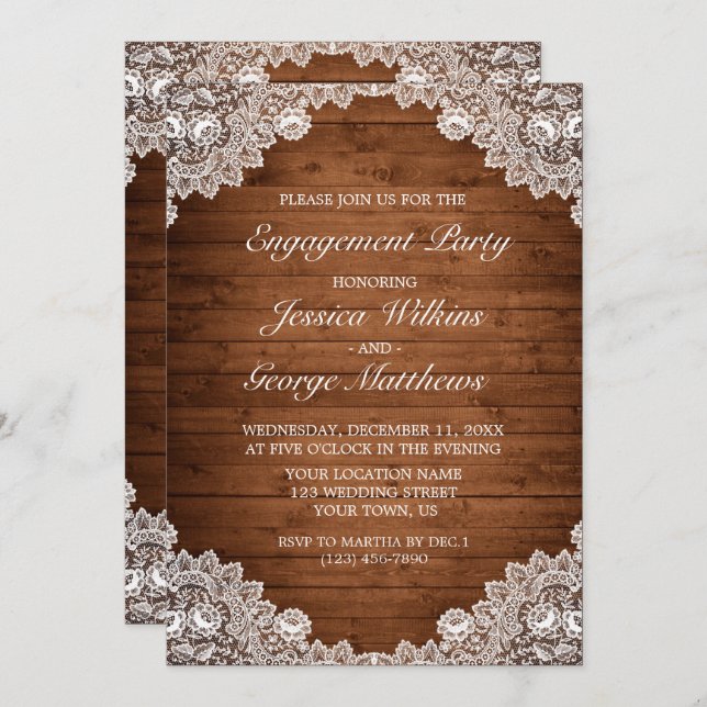 Rustic Wood & White Lace Engagement Party Invitation (Front/Back)