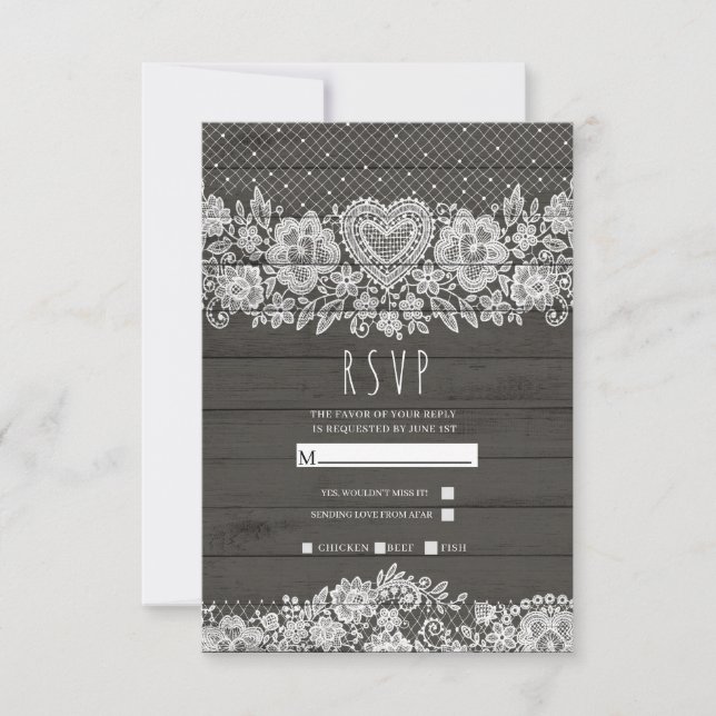 Rustic Wood White Lace Farmhouse Barn Wedding RSVP (Front)