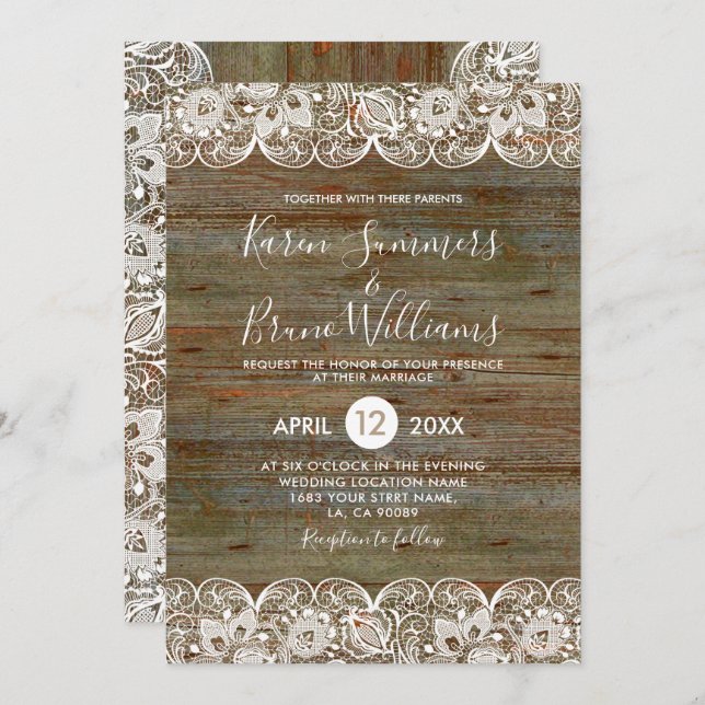 Rustic Wood & White Lace Frame Wedding Invitation (Front/Back)