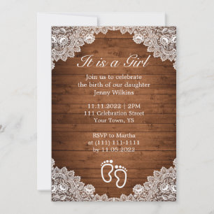 Rustic Wood & White Lace Girl Birth Celebration Invitation