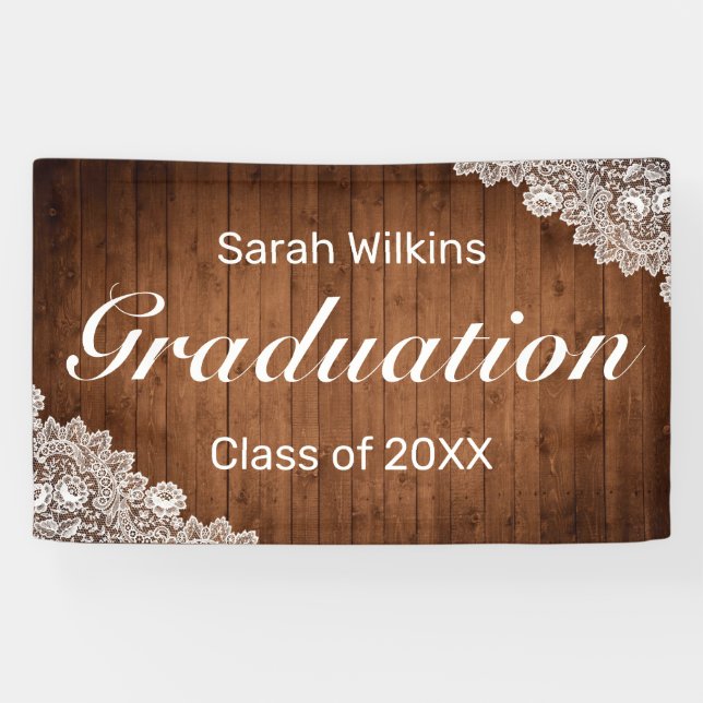 Rustic Wood & White Lace Graduation Banner (Horizontal)