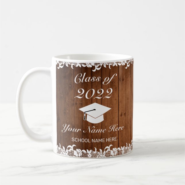 Rustic Wood & White Lace Graduation  Coffee Mug (Left)