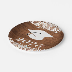 Rustic Wood & White Lace Graduation Hat Paper Plate