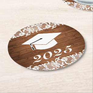 Rustic Wood & White Lace Graduation Hat Round Paper Coaster