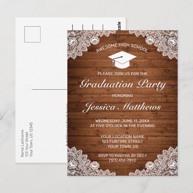 Rustic Wood & White Lace Graduation Invitation  Postcard (Front/Back)