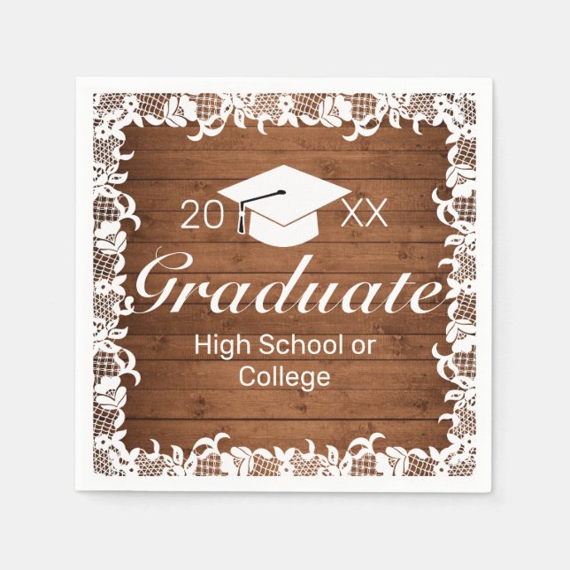 Rustic Wood & White Lace Graduation Napkin (Front)