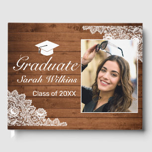 Rustic Wood & White Lace Graduation Photo Guest Book