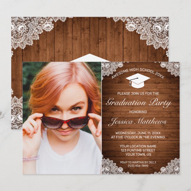 Rustic Wood & White Lace Graduation Photo Invitati Invitation (Front/Back)
