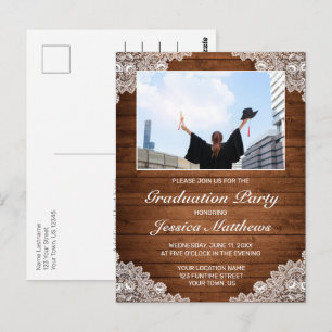 Rustic Wood White Lace Graduation Photo Invitation Postcard