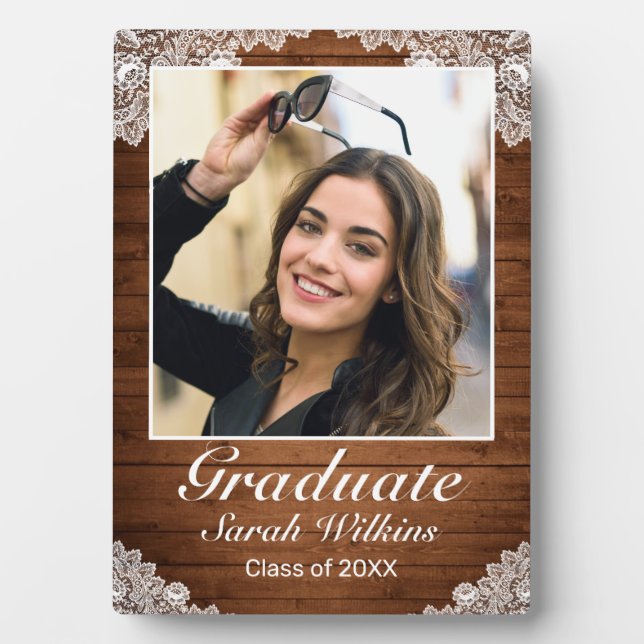 Rustic Wood & White Lace Graduation Photo Plaque (Front)