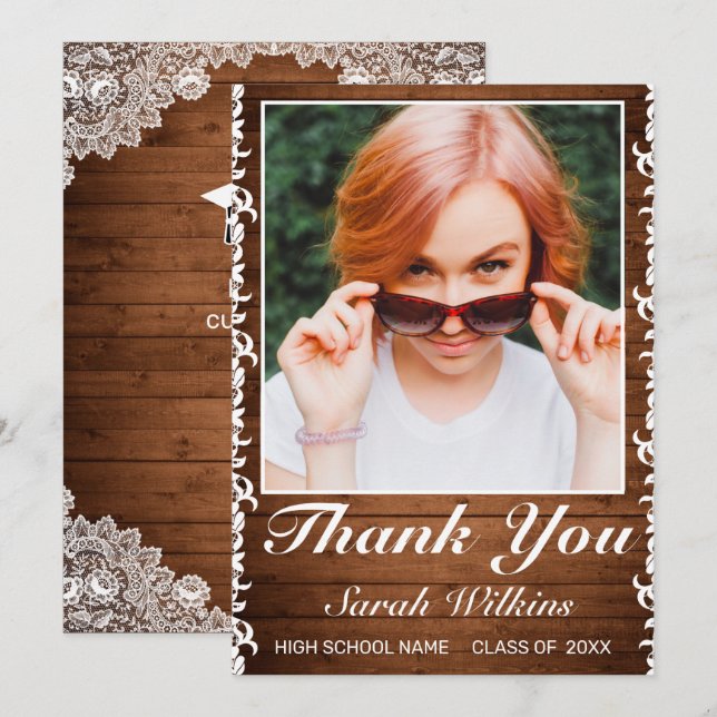 Rustic Wood & White Lace Graduation Photo  Thank Y You Card (Front/Back)
