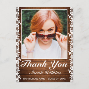 Rustic Wood & White Lace Graduation Photo Thanks Postcard