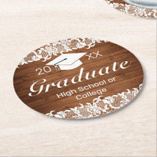 Rustic Wood & White Lace Graduation Round Paper Coaster