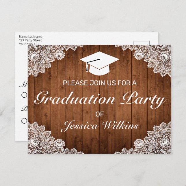 Rustic Wood White Lace Graduation RSVP Invitation Postcard (Front/Back)