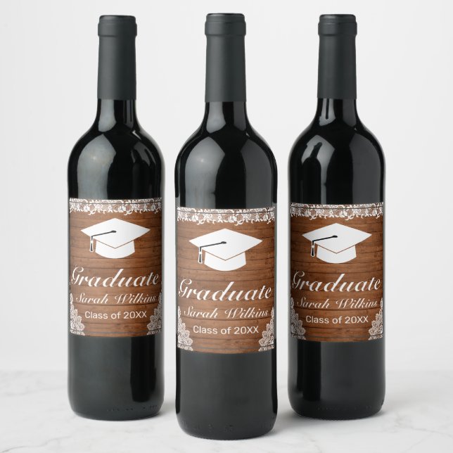 Rustic Wood & White Lace Graduation Wine Label (Bottles)