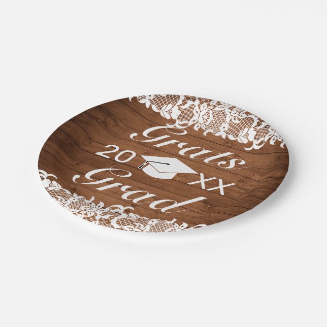 Rustic Wood & White Lace Grats Graduation Paper Plate (Angled)