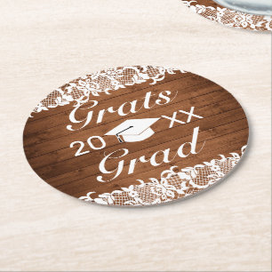 Rustic Wood & White Lace Grats Graduation Round Paper Coaster