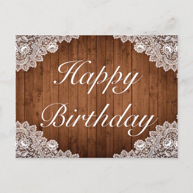 Rustic Wood & White Lace Happy Birthday Greeting Announcement Postcard (Front)
