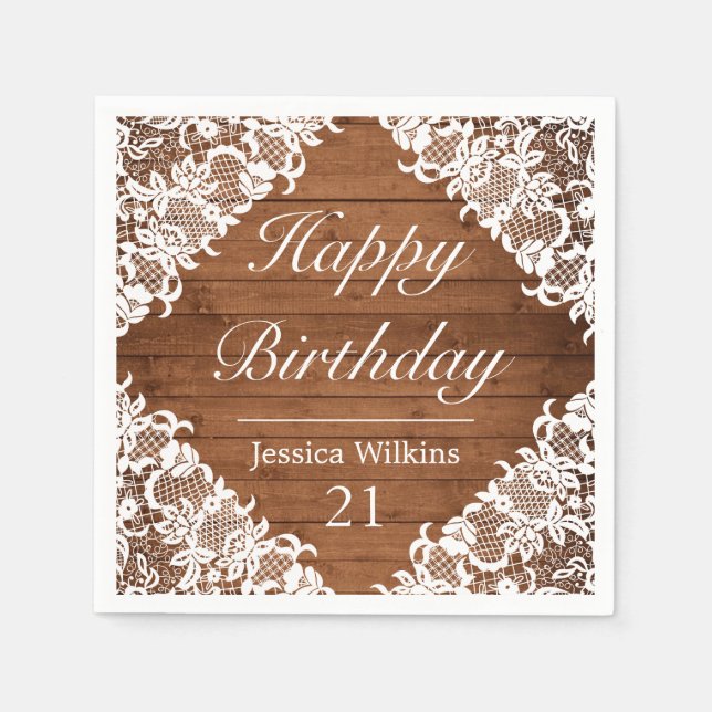 Rustic Wood & White Lace Happy Birthday Napkin (Front)