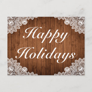 Rustic Wood & White Lace Happy Holidays Greeting Announcement Postcard