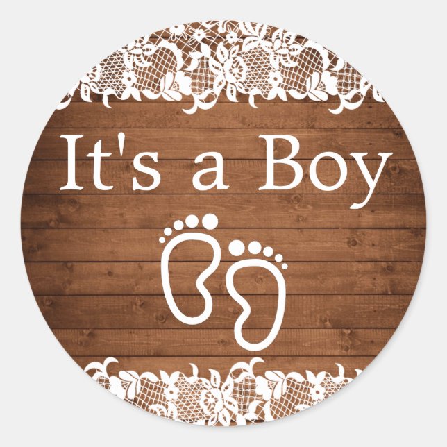 Rustic Wood & White Lace IT'S A BOY Classic Round Sticker (Front)
