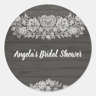 Rustic Wood & White Lace Lacy Farmhouse Chic Classic Round Sticker