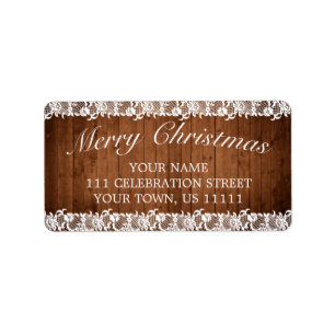 Rustic Wood & White Lace Merry Christmas Address Label