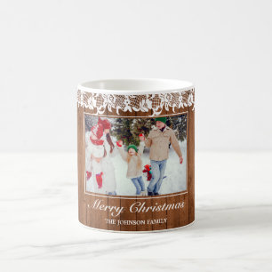 Rustic Wood & White Lace Merry Christmas Photo Coffee Mug