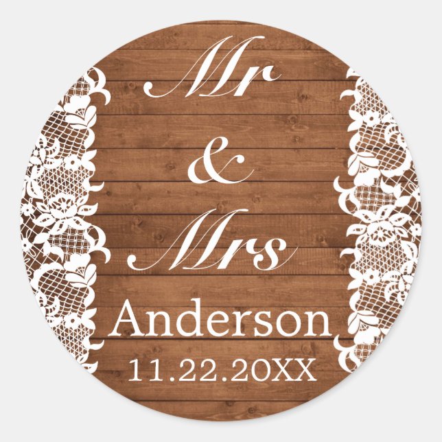 Rustic Wood & White Lace MR MRS Wedding Classic Round Sticker (Front)