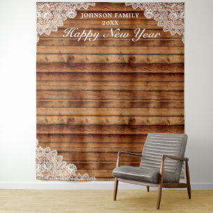 Rustic Wood & White Lace New Year Photo Background Tapestry