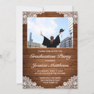 Rustic Wood & White Lace Photo Graduation Invitation
