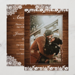 Rustic Wood & White Lace Photo Wedding Anniversary Invitation