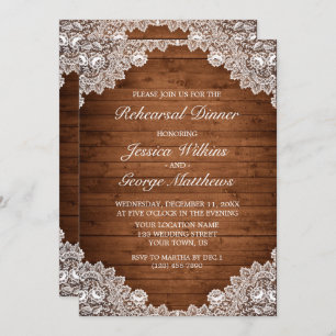 Rustic Wood & White Lace Rehearsal Dinner Invitation