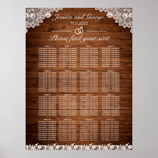 Rustic Wood & White Lace Seating Chart 16 Tables (Front)