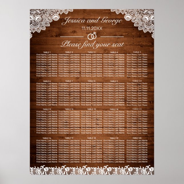 Rustic Wood & White Lace Seating Chart 20 Tables (Front)