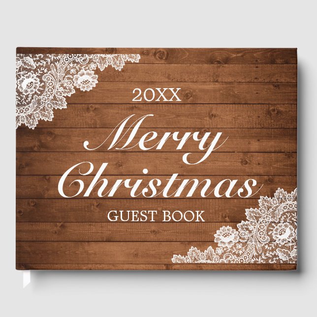 Rustic Wood & White Lace Snowflake Christmas Guest Book (Front)