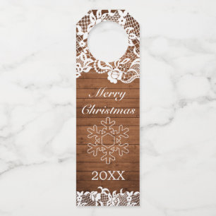 Rustic Wood & White Lace Snowflake Merry Christmas Bottle Tag