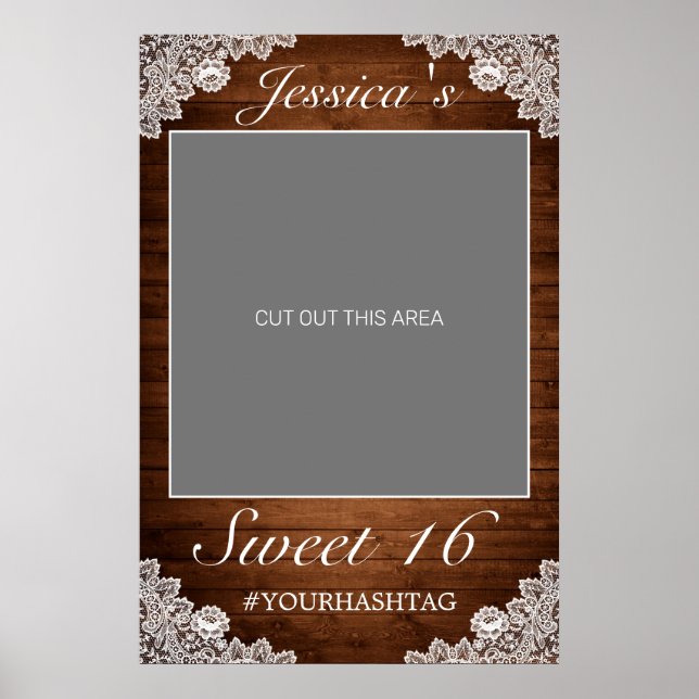 Rustic Wood & White Lace Sweet 16 Photo Prop Poster (Front)