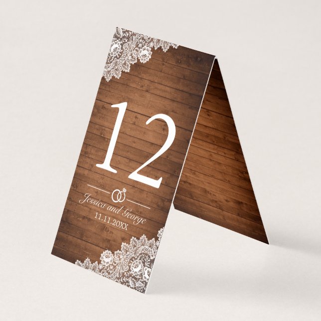 Rustic Wood & White Lace Table Number Card (Back)