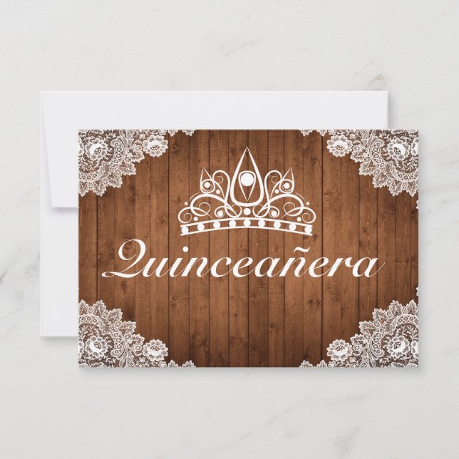Rustic Wood & White Lace Tiara Qinceanera RSVP Card (Front)