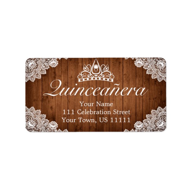 Rustic Wood & White Lace Tiara Quinceañera Address Label (Front)