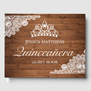 Rustic Wood & White Lace Tiara Quinceañera Guest Book